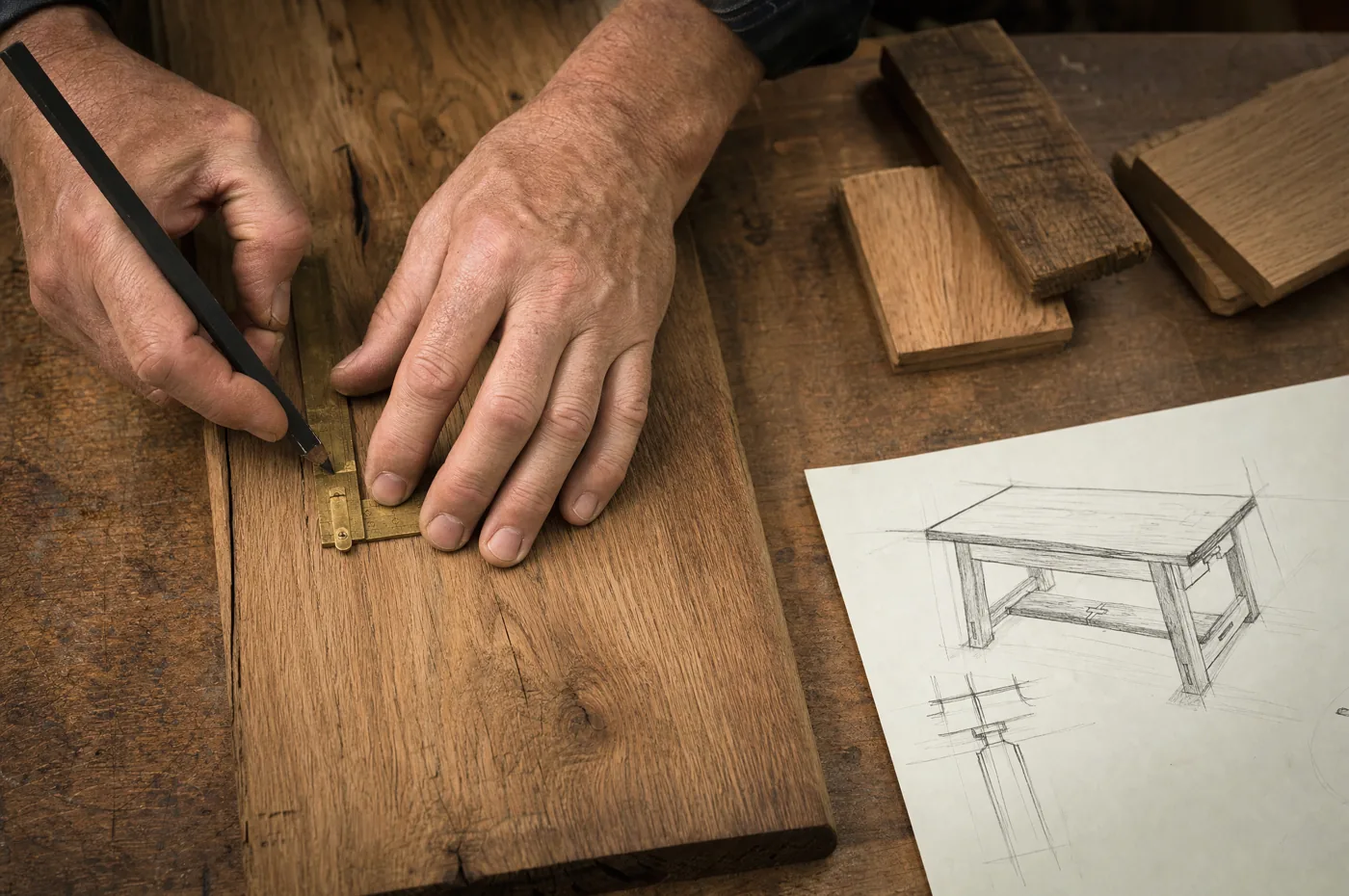 Mains traçant au crayon sur un plateau de chêne