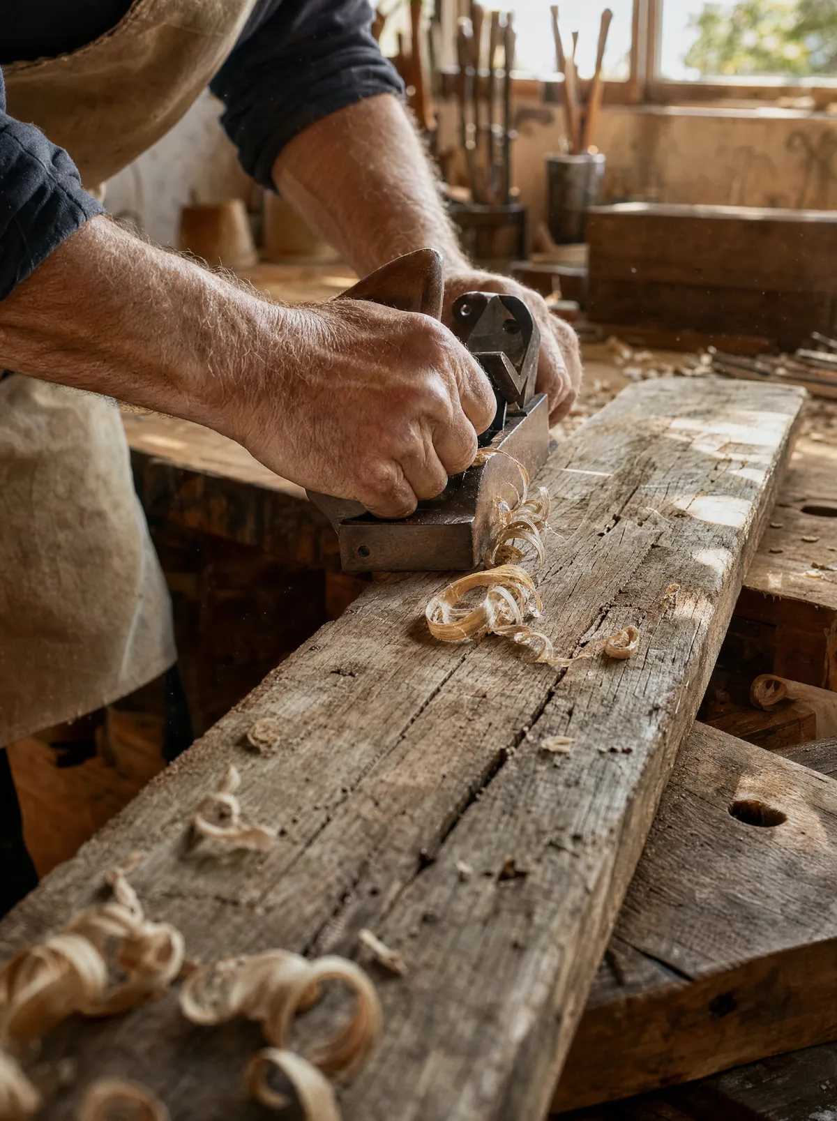 Mains d'un menuisier rabotant une planche de vieux chêne