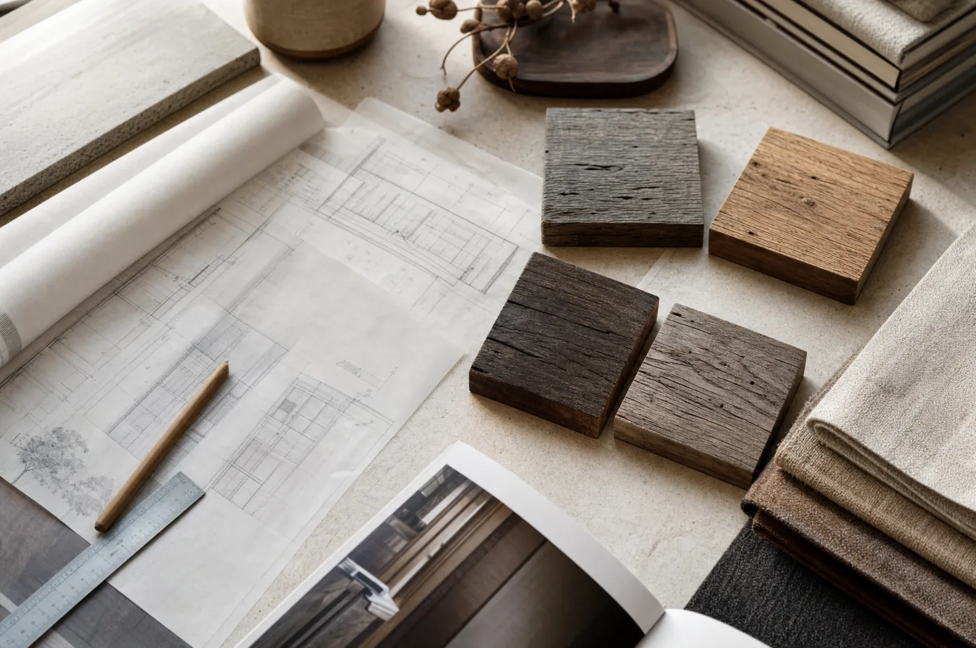 Architect's plans and old wood samples