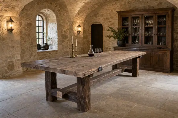 Grande table de ferme en chêne à pieds massifs, salle de bastide