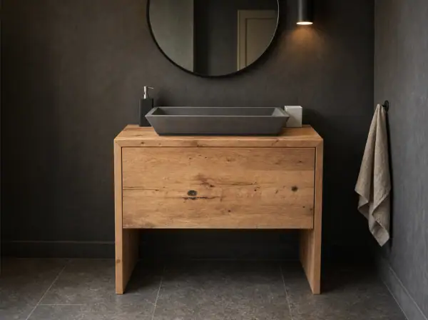 Meuble de salle de bain en vieux chêne, vasque en pierre grise