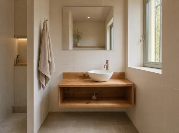 Meuble de salle de bain suspendu en chêne rustique, vasque blanche