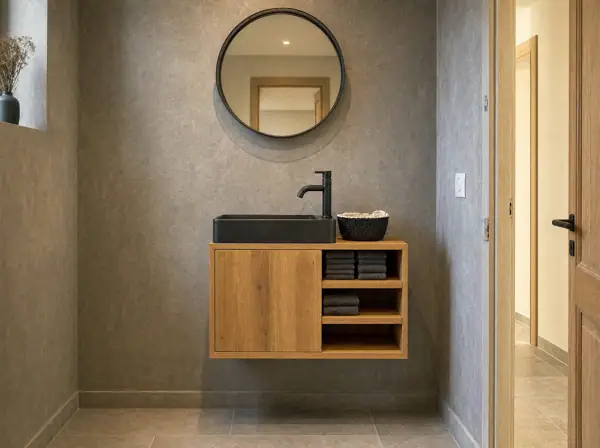 Meuble de salle de bain suspendu en vieux chêne, vasque noire