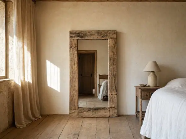 Miroir à cadre en vieux pin, poutre brute