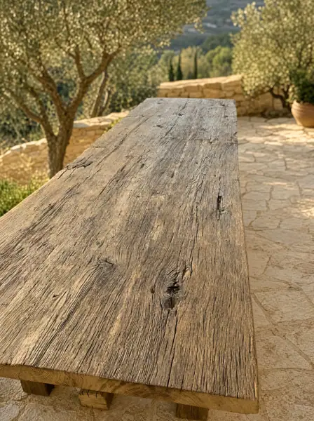 Plateau en vieux chêne sur terrasse d'oliviers