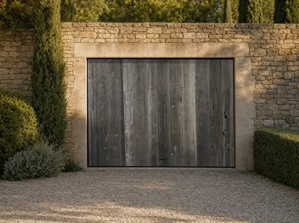 Portail basculant en vieux bardage gris
