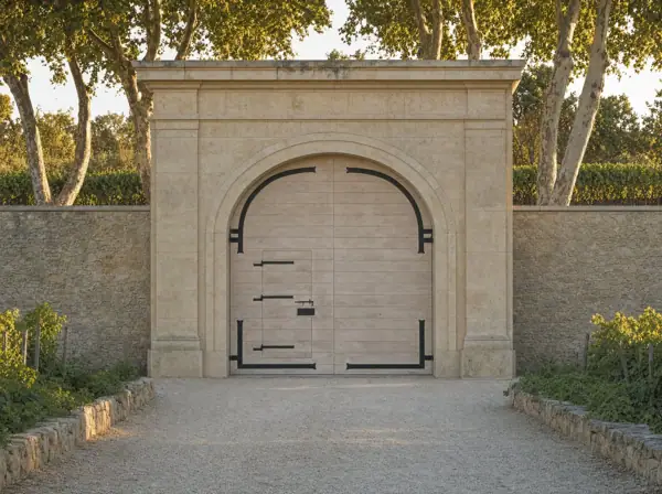 Portail cintré clair avec porte piétonne, ferrures noires