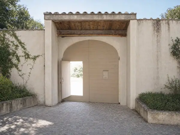Portail en pin thermo traité peint avec porte piétonne, vestibule voûté