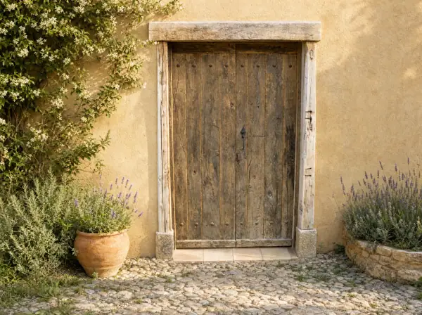 Portail en vieux chêne brut dans son encadrement de pierre, 160 cm