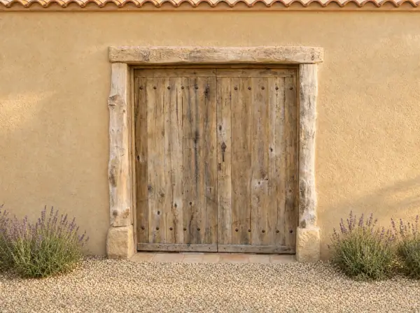 Portail en vieux chêne non raboté, façade ocre