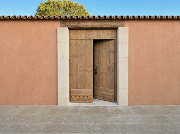 Portail en vieux pin à petite porte entrouverte