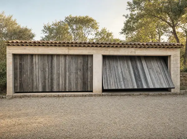 Portails basculants en vieux bardage gris