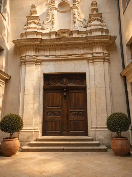 Porte d'entrée à deux vantaux en noyer, réalisée pour les éditions Glénat, chapelle Sainte-Cécile, Grenoble