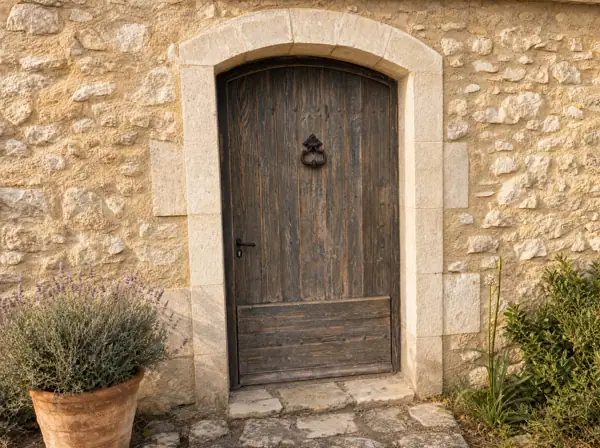 Porte d'entrée en pin thermo traité, patinée