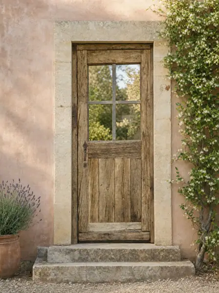 Porte d'entrée en vieux chêne brut, châssis métal 4 carreaux