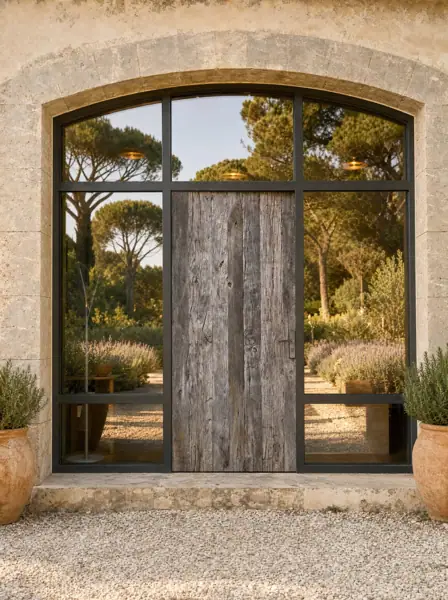 Porte d'entrée en vieux chêne brut, châssis métal, verres anti effraction