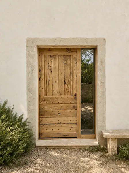 Porte d'entrée modèle Bergerie en vieux chêne, châssis vitré