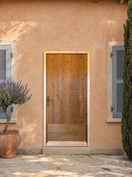 Porte en bois thermo traité, teinte miel, dans un cadre clair