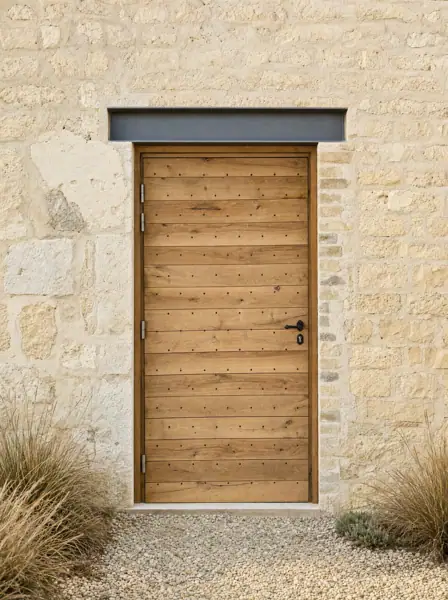 Porte en chêne à planches horizontales sous linteau acier