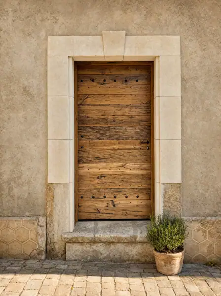 Porte en vieux chêne dans un cadre de pierre