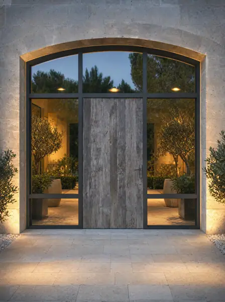 Porte en vieux chêne gris dans une verrière en acier, de nuit