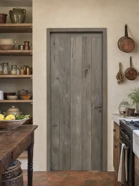 Porte en vieux chêne grisée, dans son cadre gris