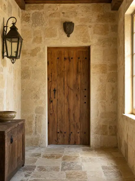 Porte en vieux chêne plancher de wagon, couloir de pierre