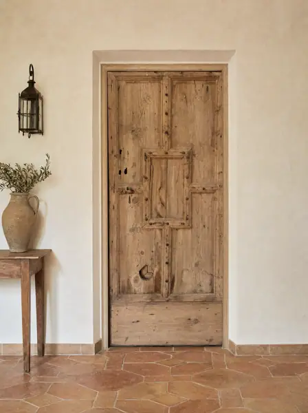 Porte en vieux pin à panneaux moulurés