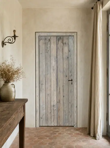 Porte en vieux pin grisée, avec cadre