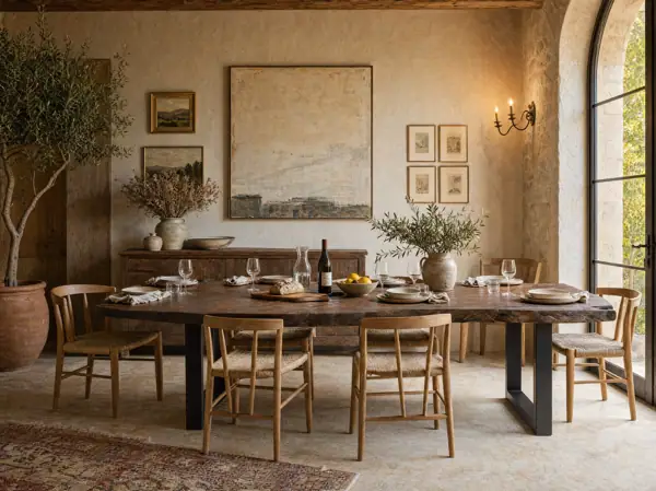 Table à plateau suar sur pieds métal, salle à manger dressée