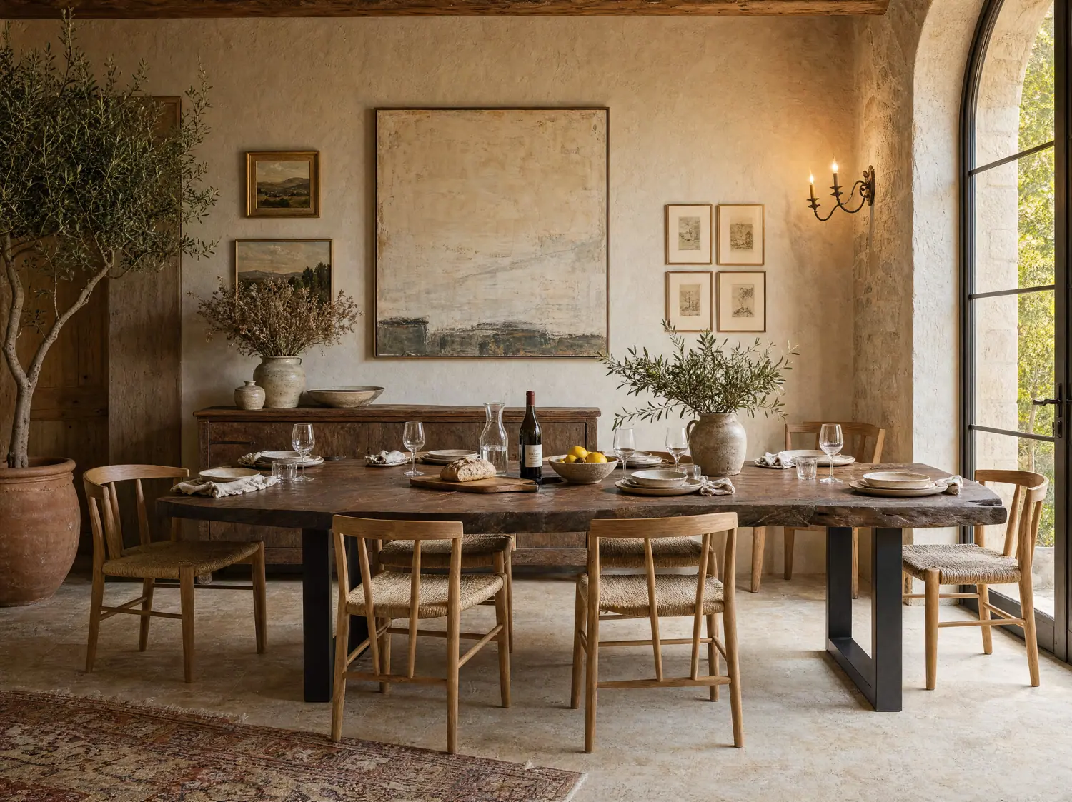 Table with a suar top on metal legs, set dining room