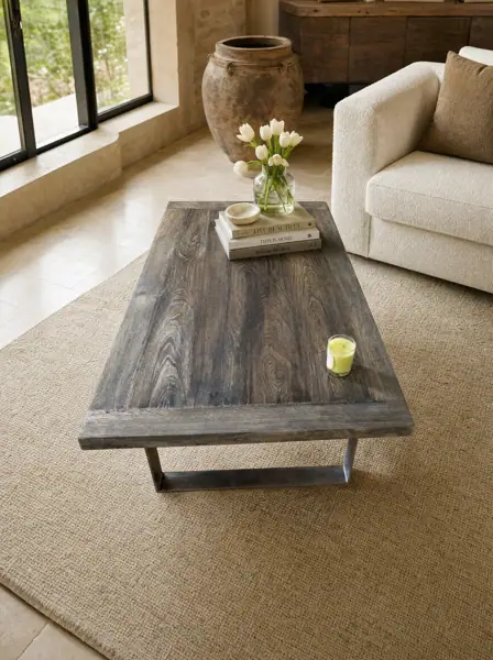 Table basse en vieux chêne, plateau sombre, pieds inox