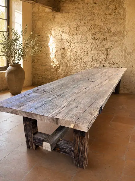 Table de ferme à tréteaux en vieux chêne, poutres anciennes, salle de pierre