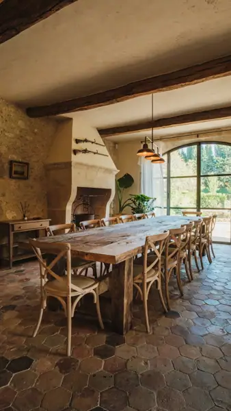 Table de ferme en chêne, chaises en croisillons, cheminée