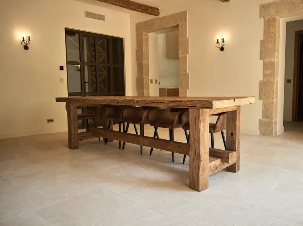 Table de ferme en vieux chêne à gros pieds, villa