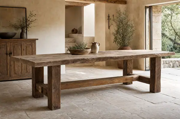Table de ferme en vieux chêne, poutres anciennes, grande salle en pierre