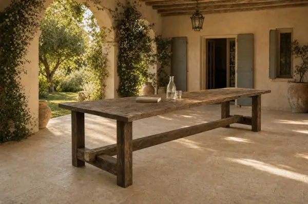 Table de ferme en vieux chêne, poutres anciennes, grandes dimensions, sous véranda