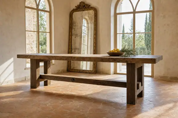 Table de ferme en vieux chêne vue de bout sous une arche, poutres anciennes