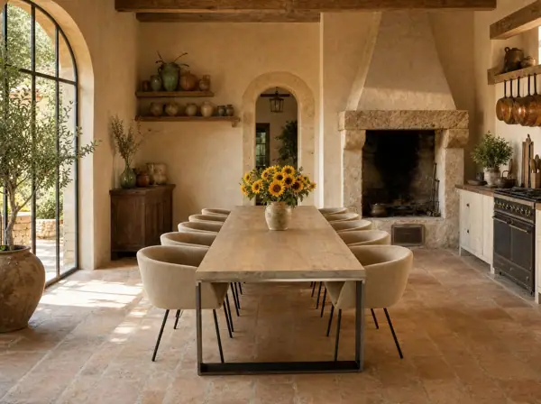 Table de salle à manger, plateau en vieux pin, pieds métal