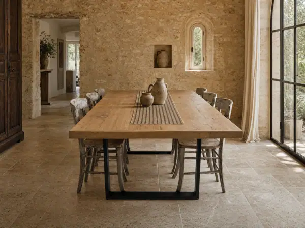 Table, plateau en vieux chêne plancher de wagon, pieds métal, salle voûtée de bastide