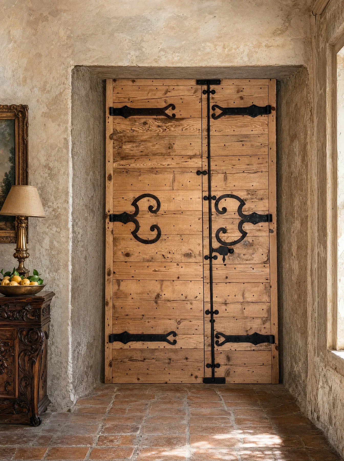 Double door with forged ironwork in a bastide entrance