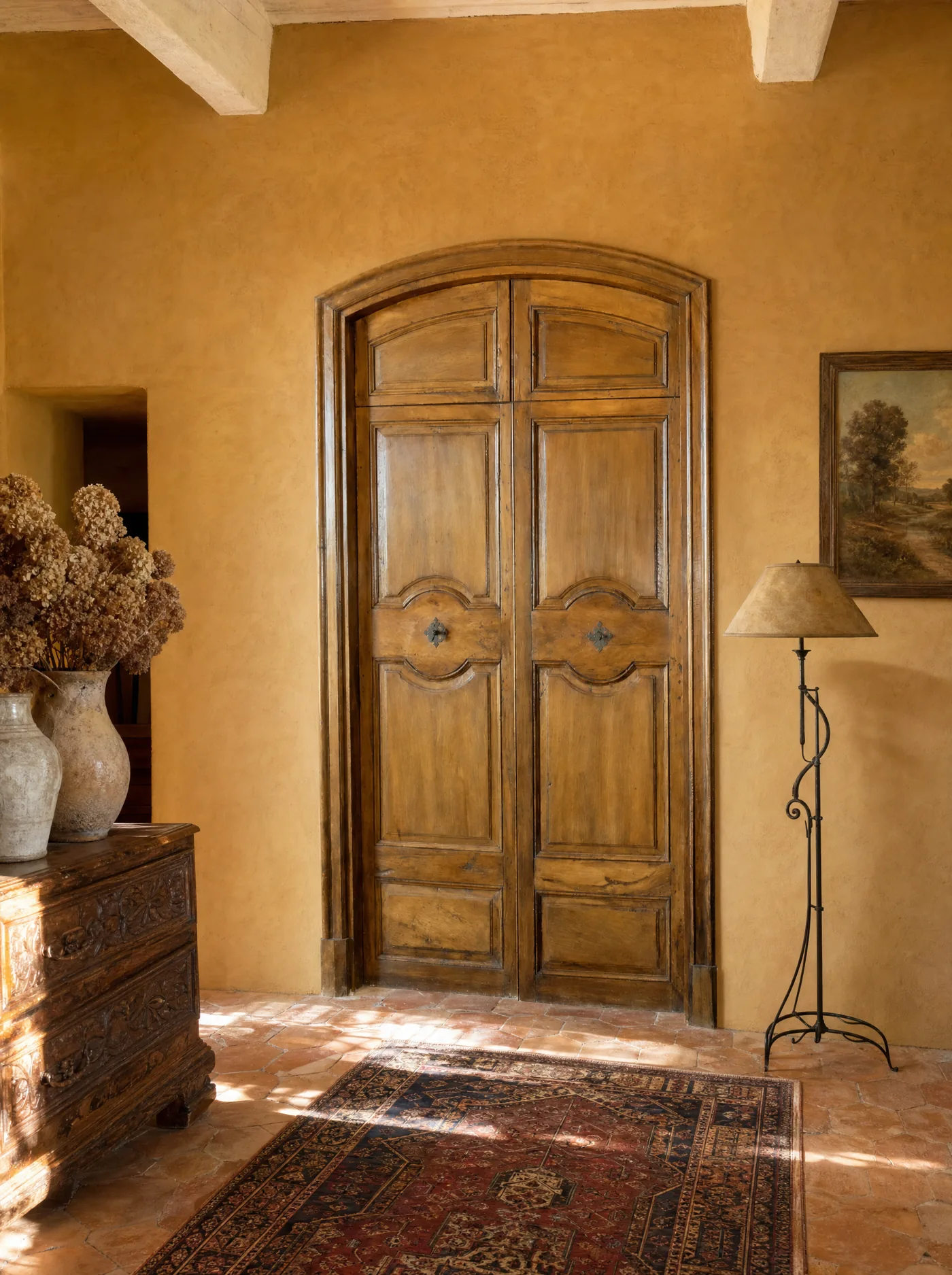Walnut double door with arched frame