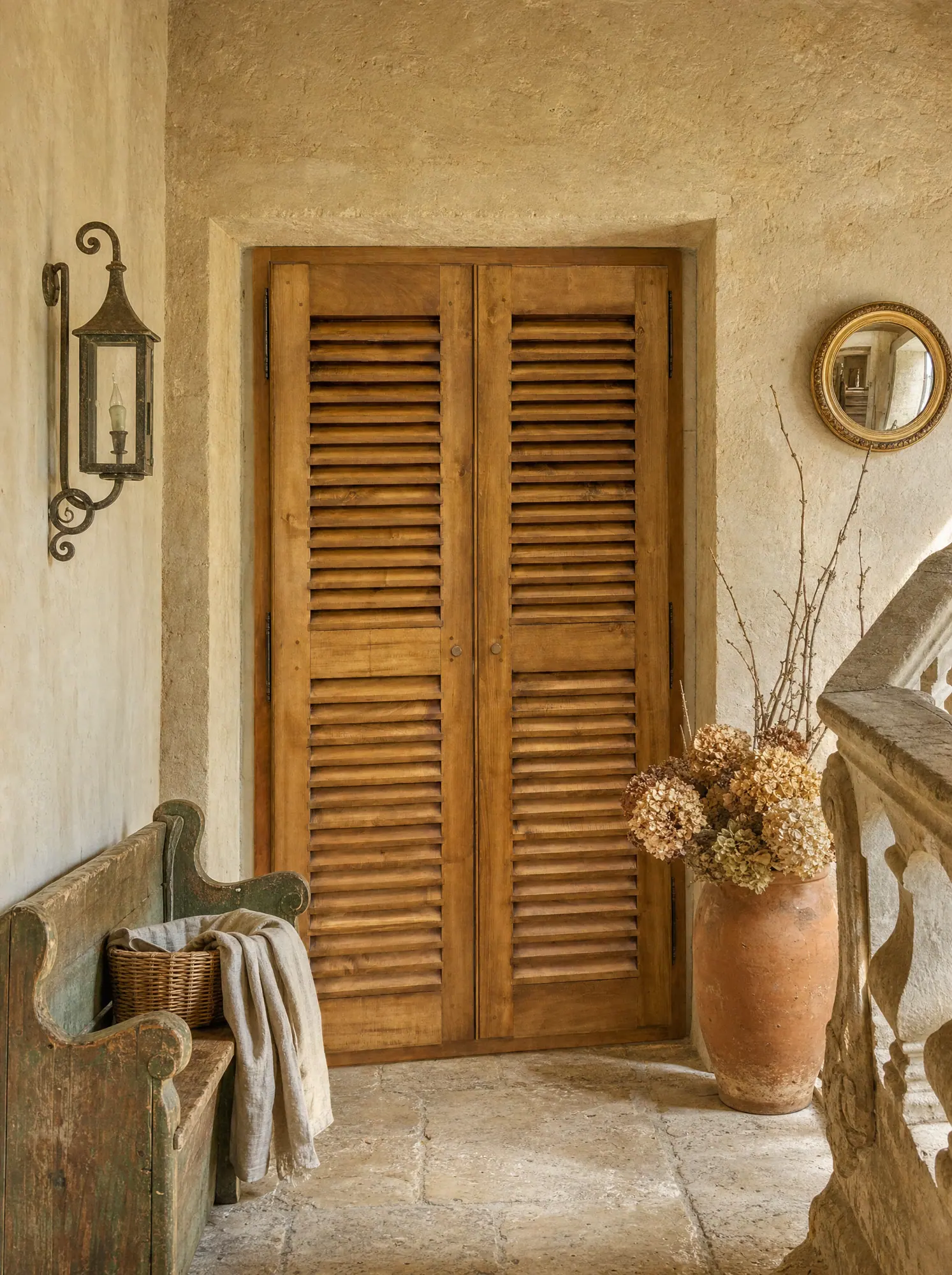 Portes de placard à persiennes en vieux bois, deux vantaux, dans une niche de pierre sur un palier de bastide