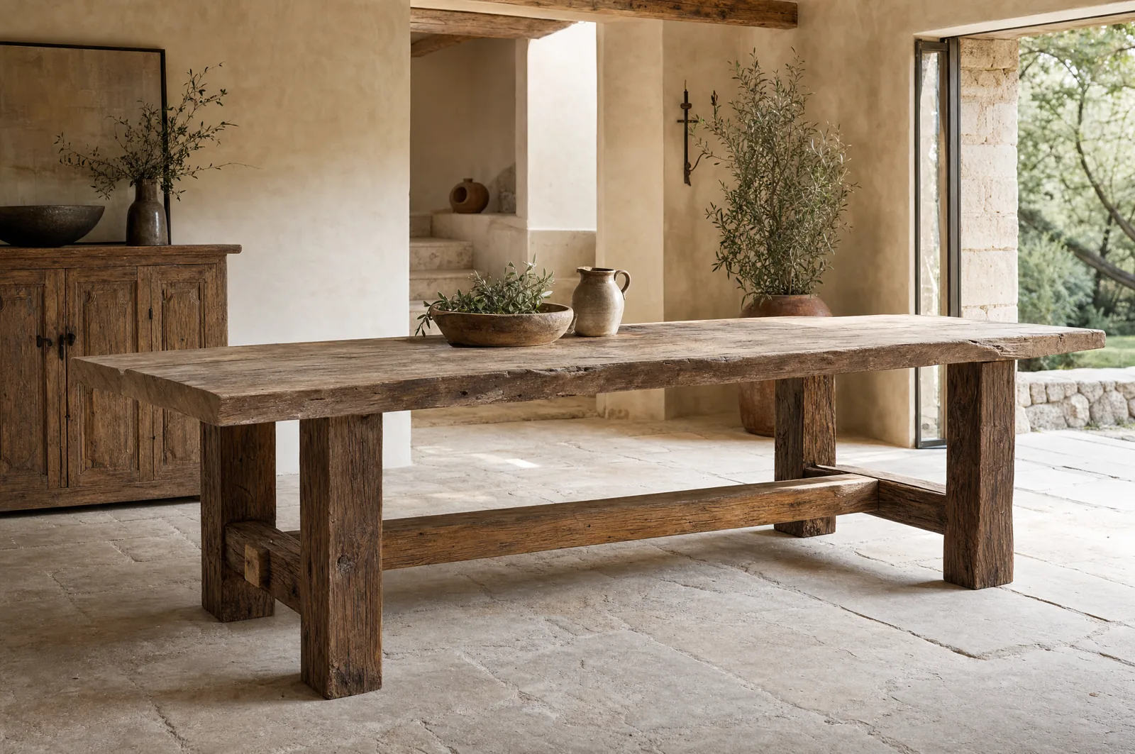 Table en vieux bois dans une salle en pierre